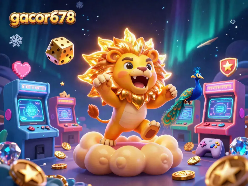 Engage with gacor678's dynamic gaming experience featuring a roaring sun lion and vibrant arcade elements.