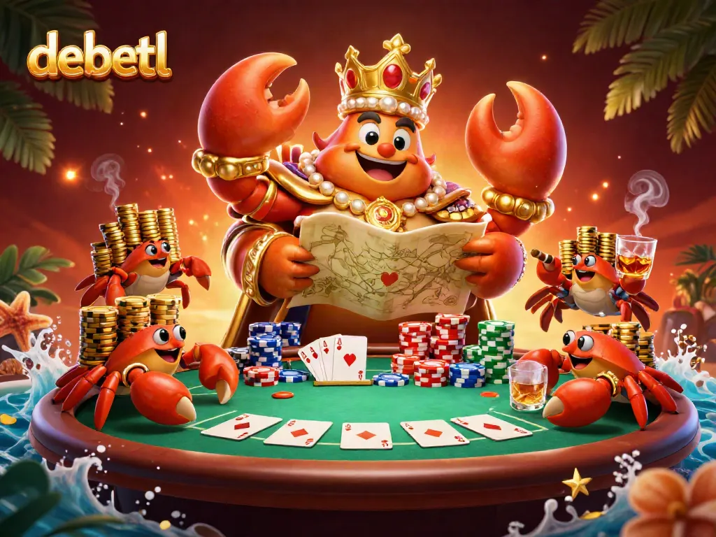 Experience poker excitement with debetl's golden crab emperor and vibrant casino elements.