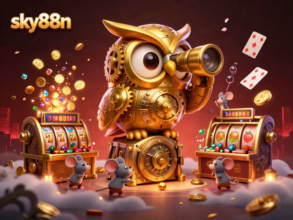 Experience the vibrant gaming atmosphere with sky88n as the golden owl oversees the bustling casino floor alive with action.