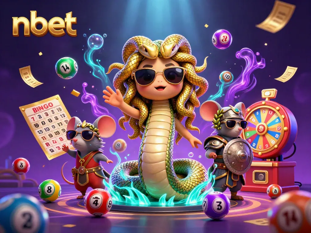 Engage in exciting nbet games with Medusa and a warrior mouse amid vibrant lottery elements.