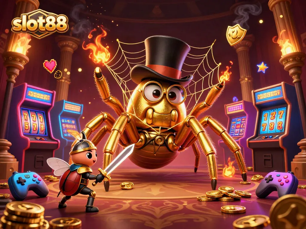 Experience thrilling slot88 adventures with the golden tarantula and knight in a vibrant casino world.