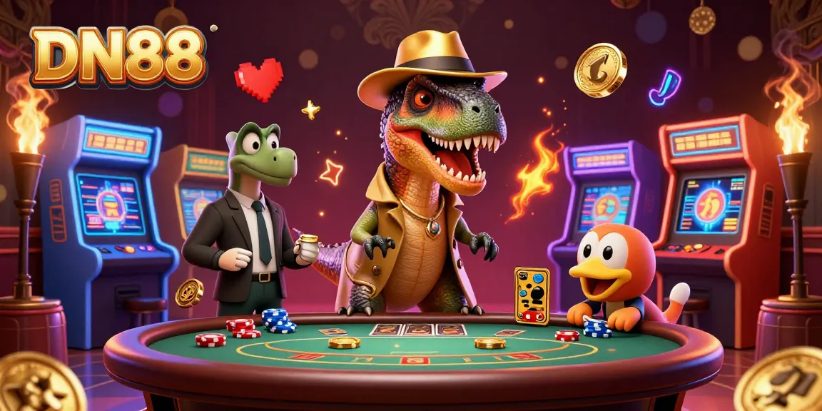 DN88 themed casino scene showcasing velociraptor and stegosaurus characters at a blackjack table, filled with vibrant arcade elements.