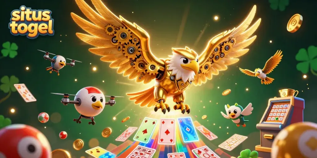 Engaging illustration for situs togel showcasing lottery elements and a golden eagle in dynamic action.