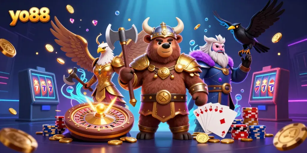 Experience the excitement of yo88 in a vibrant 3D casino scene with dynamic characters and game elements.