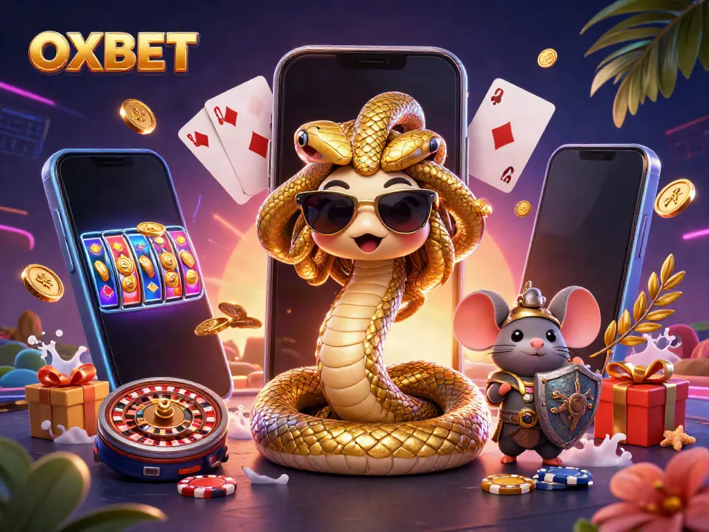 Experience thrilling games at OXBET with friendly Medusa and a warrior mouse in a vibrant casino scene.