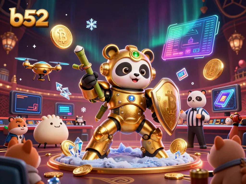 Engage with b52 in this action-packed 3D illustration of a panda in a casino setting.