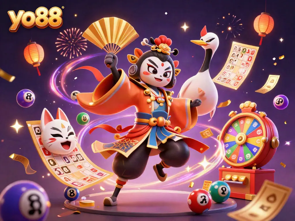 Experience thrilling gameplay at yo88 with colorful lottery balls, festive confetti, and captivating characters