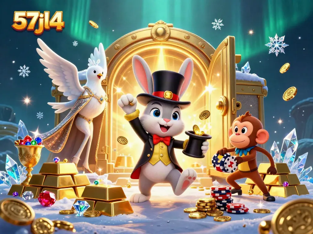 Experience thrilling magic at 57jl4 with a dynamic scene featuring a rabbit, dove, and monkey amidst treasure.