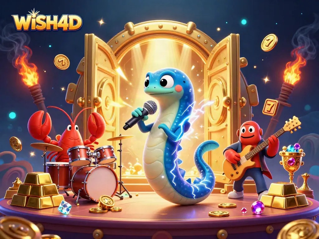 Engage with WISH4D's vibrant underwater casino scene featuring a DJ electric eel surrounded by gaming treasures.
