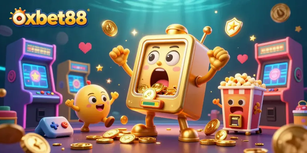 Experience thrilling wins with oxbet88's golden jackpot slot machine amidst colorful game elements.