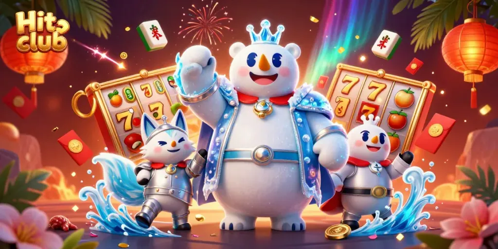 Experience the thrill at Hit club with an interactive scene packed with slot symbols and characters.
