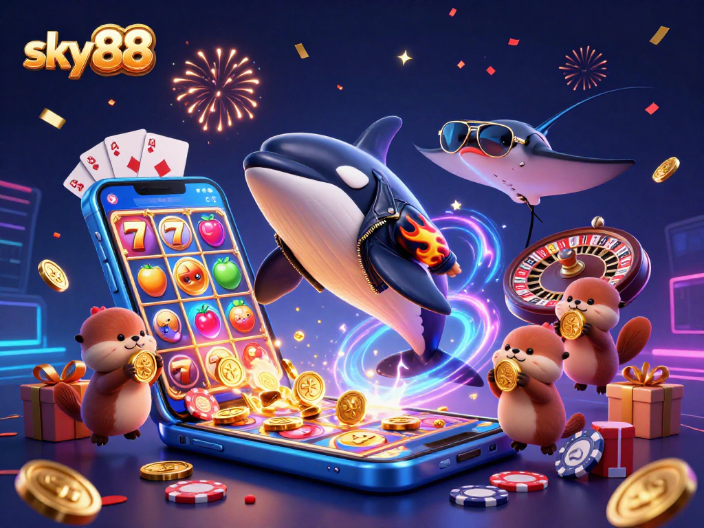Experience sky88's vibrant casino scene with animated orca, stingray, and otters holding gold coins.