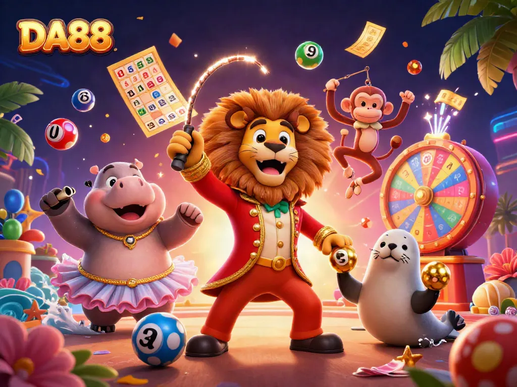 Experience the thrill of gambling at DA88 with a vibrant 3D cartoon scene featuring dynamic characters and casino elements.