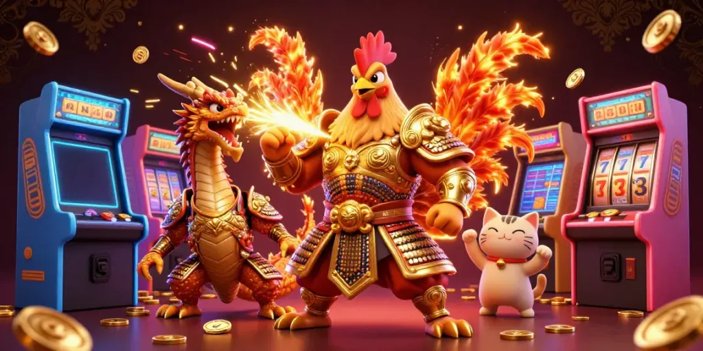 B52-themed vibrant illustration featuring a golden samurai rooster warrior and dragon hatchling amid casino elements and coins.