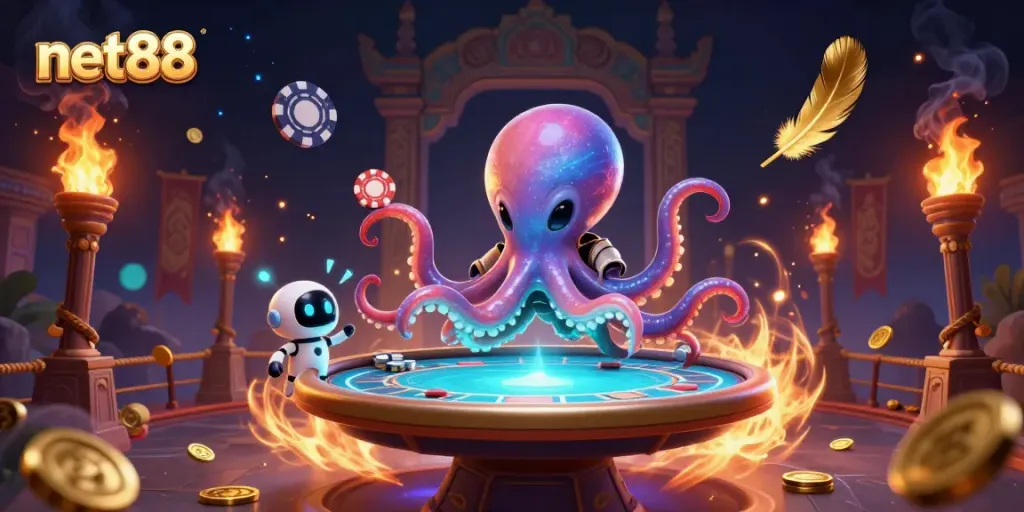 Experience thrilling gameplay with net88's vibrant online poker scene featuring an alien octopus and robot.