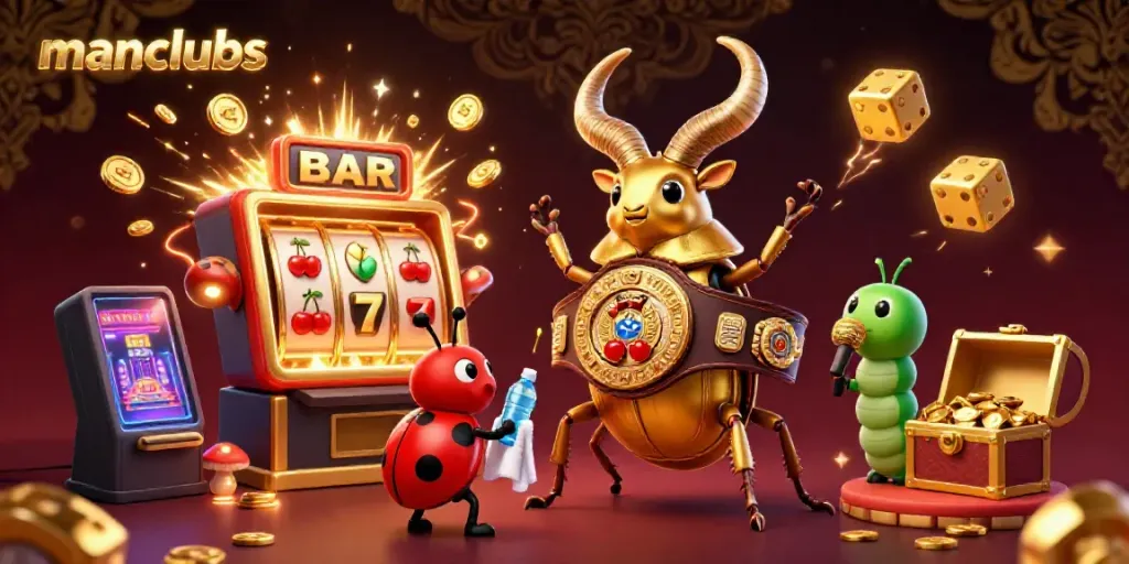 Experience the thrill of manclubs with a golden stag beetle illustrating a jackpot celebration.